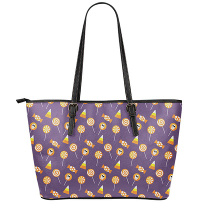 Cute Halloween Candy Pattern Print Leather Tote Bag