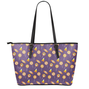 Cute Halloween Candy Pattern Print Leather Tote Bag