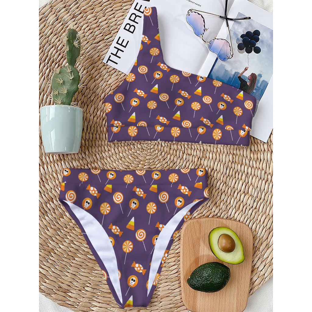 Cute Halloween Candy Pattern Print One Shoulder Bikini Top