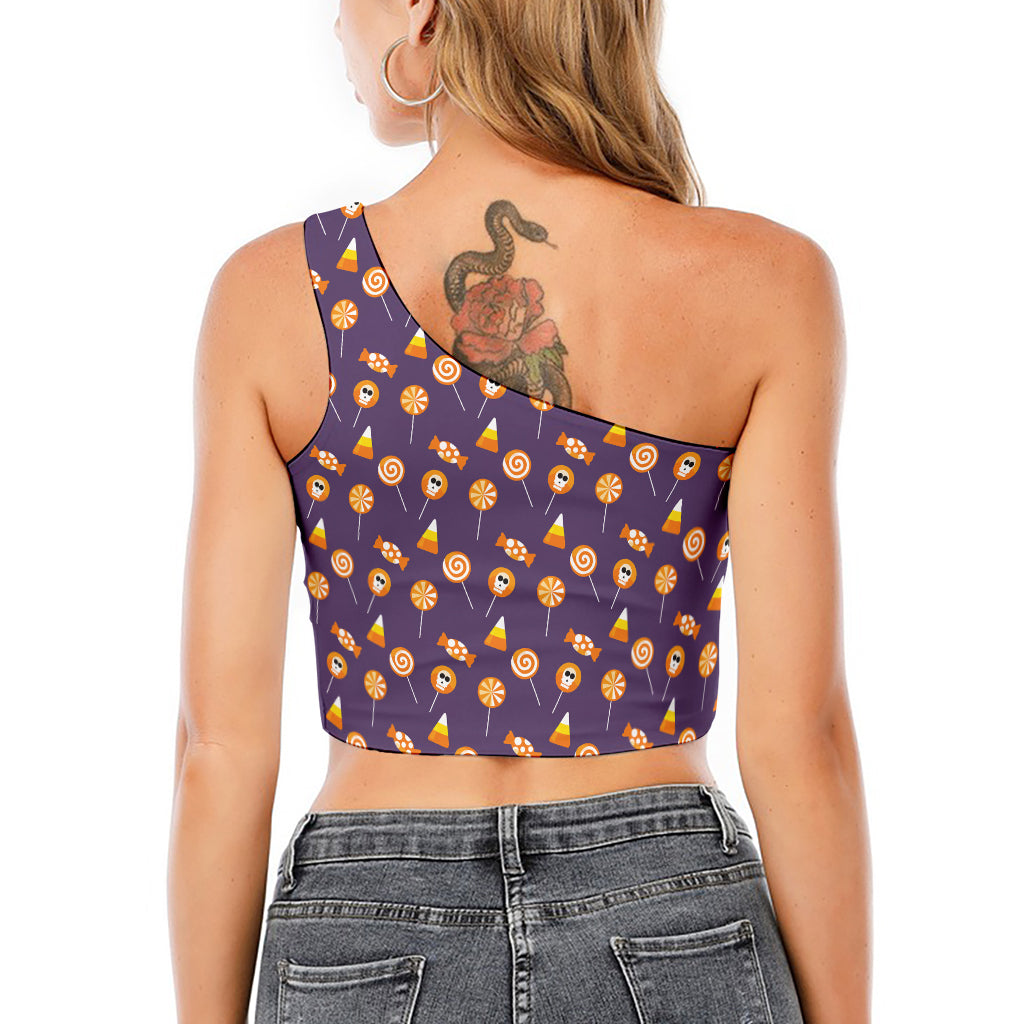 Cute Halloween Candy Pattern Print One Shoulder Crop Top