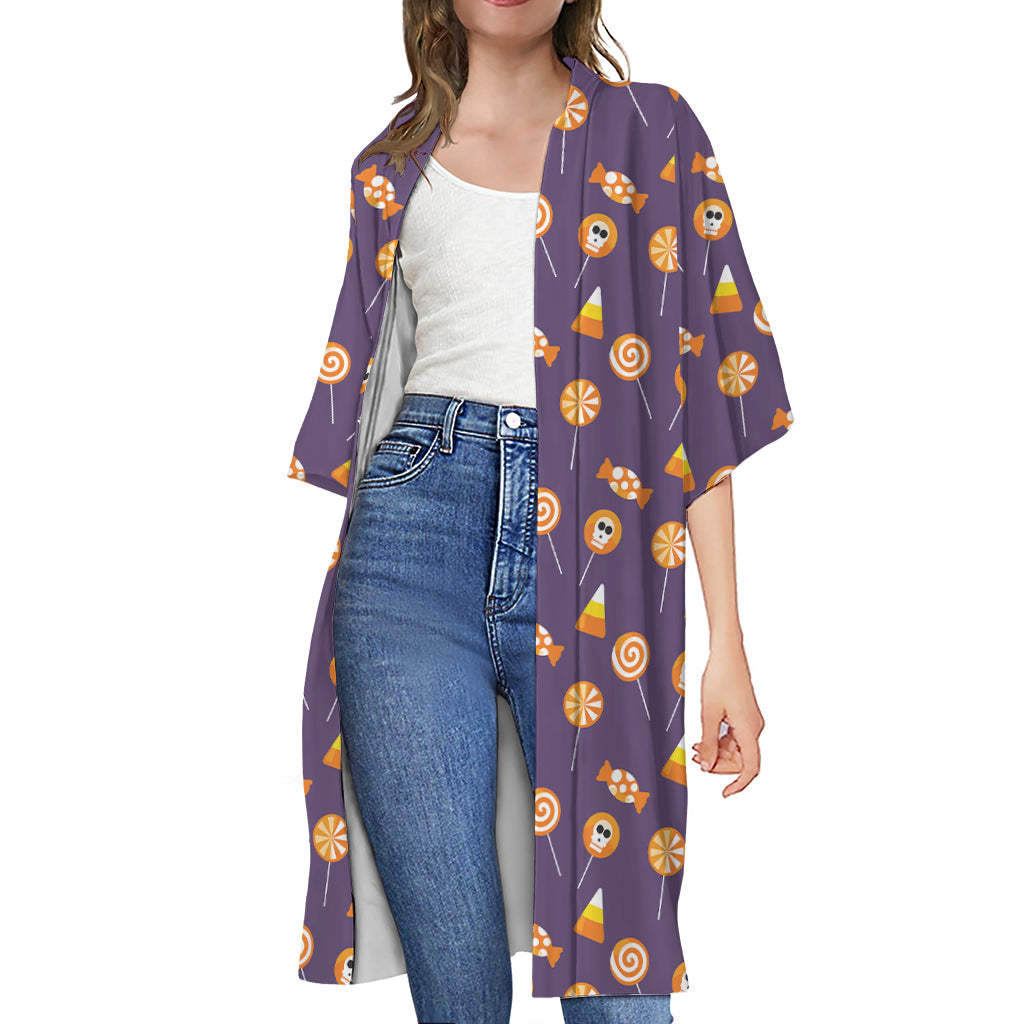 Cute Halloween Candy Pattern Print Open Front Beach Cover Up