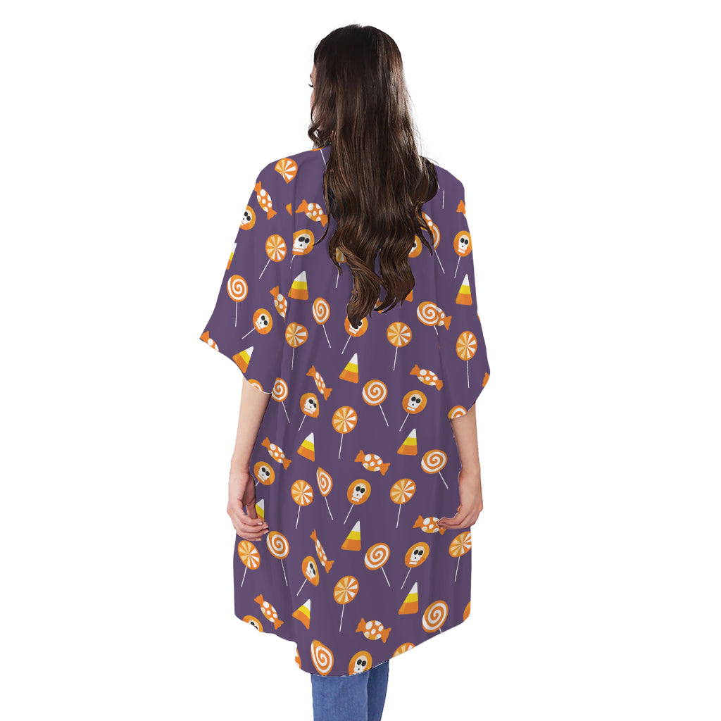 Cute Halloween Candy Pattern Print Open Front Beach Cover Up