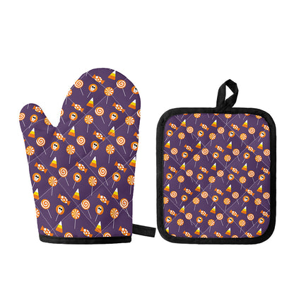 Cute Halloween Candy Pattern Print Oven Mitt And Pot Holder Set