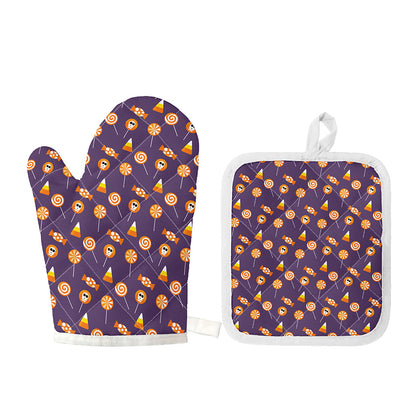 Cute Halloween Candy Pattern Print Oven Mitt And Pot Holder Set