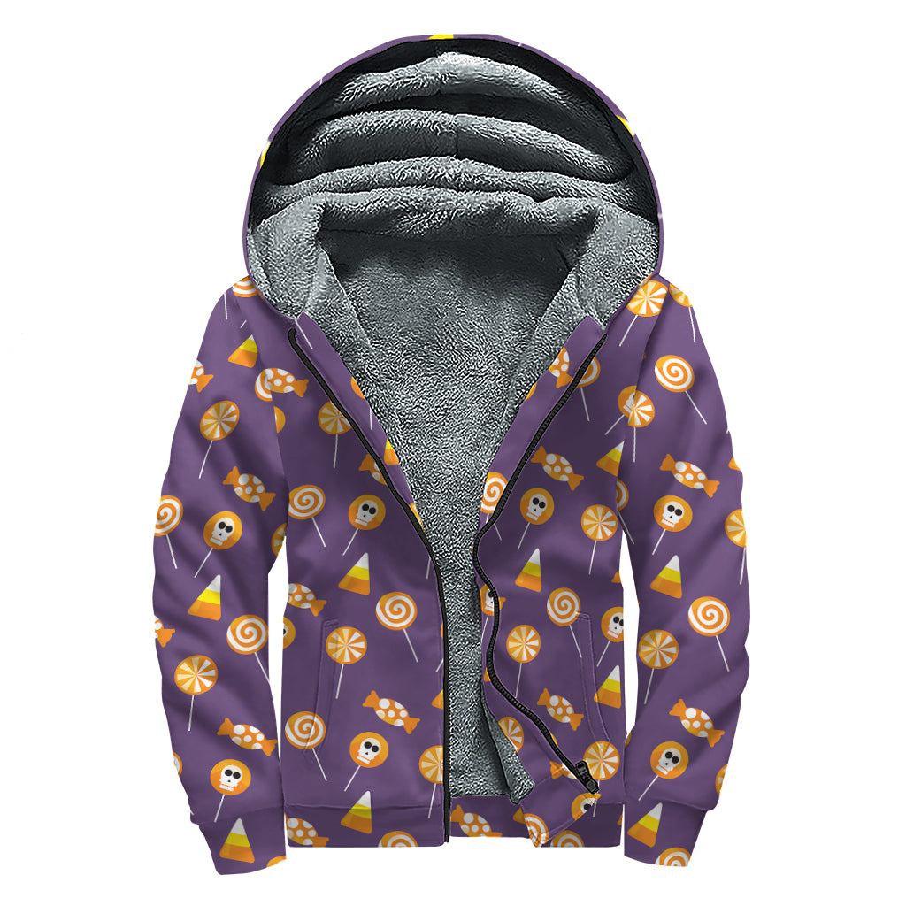 Cute Halloween Candy Pattern Print Sherpa Lined Zip Up Hoodie