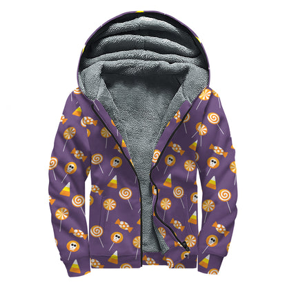 Cute Halloween Candy Pattern Print Sherpa Lined Zip Up Hoodie