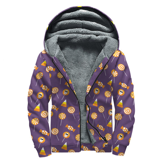 Cute Halloween Candy Pattern Print Sherpa Lined Zip Up Hoodie