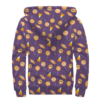 Cute Halloween Candy Pattern Print Sherpa Lined Zip Up Hoodie