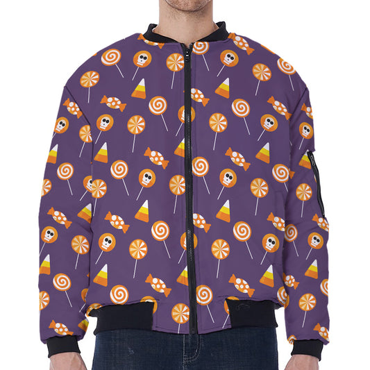 Cute Halloween Candy Pattern Print Zip Sleeve Bomber Jacket
