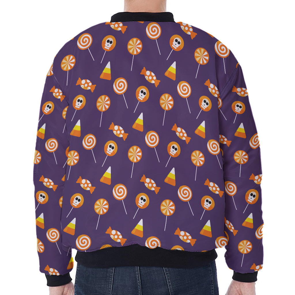 Cute Halloween Candy Pattern Print Zip Sleeve Bomber Jacket