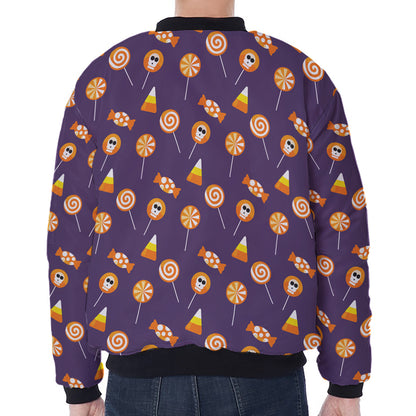 Cute Halloween Candy Pattern Print Zip Sleeve Bomber Jacket