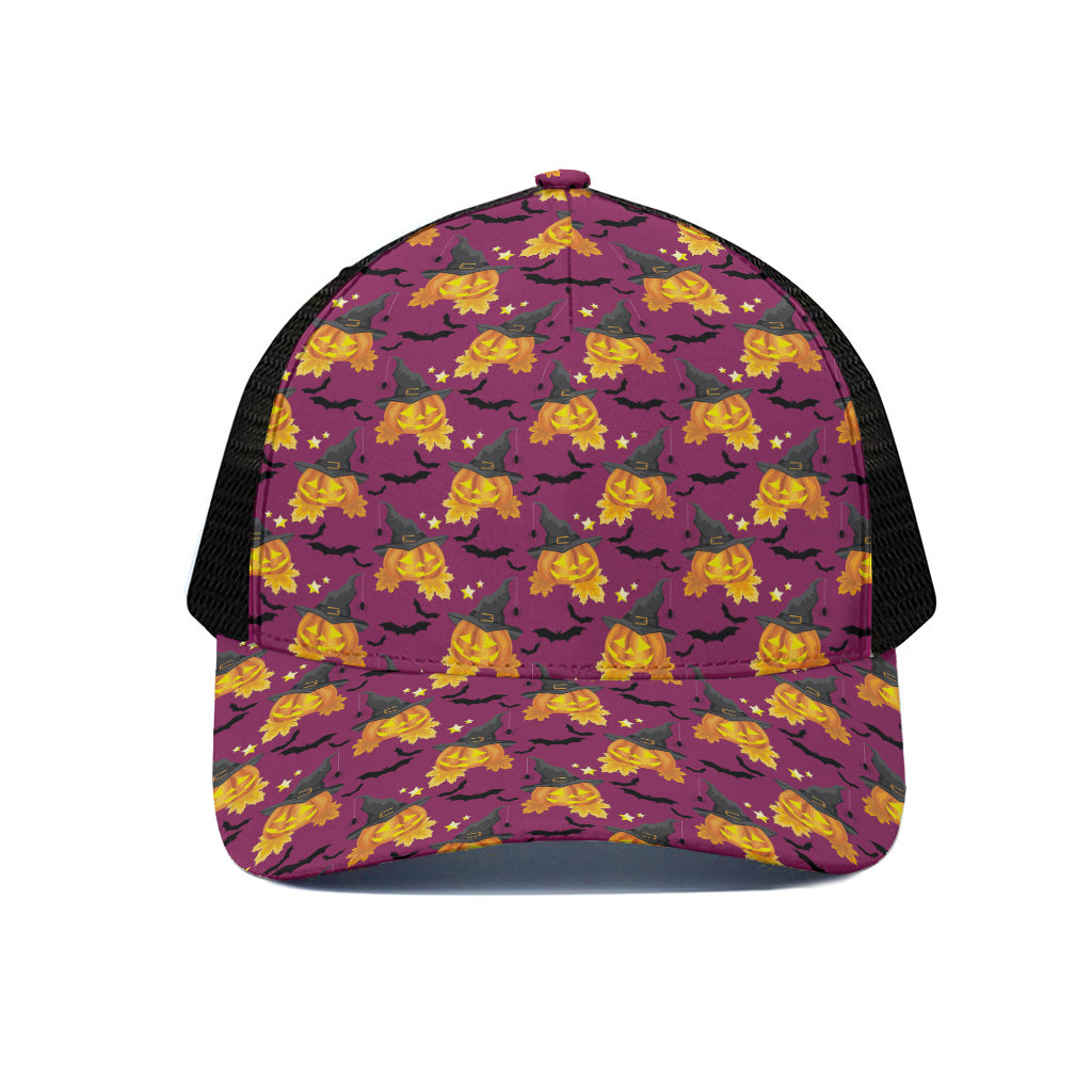 Cute Halloween Pumpkin Witch Print Black Mesh Trucker Cap