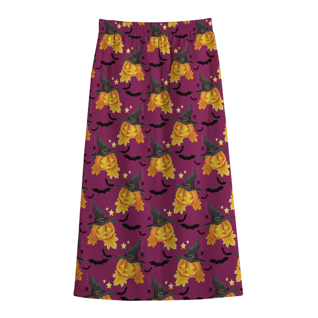 Cute Halloween Pumpkin Witch Print Cotton Front Slit Maxi Skirt
