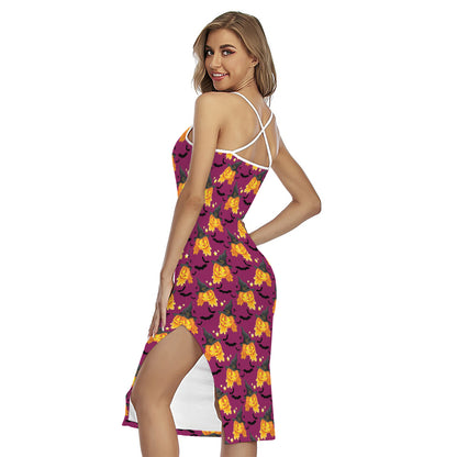 Cute Halloween Pumpkin Witch Print Cross Back Cami Dress