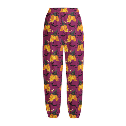 Cute Halloween Pumpkin Witch Print Fleece Lined Knit Pants