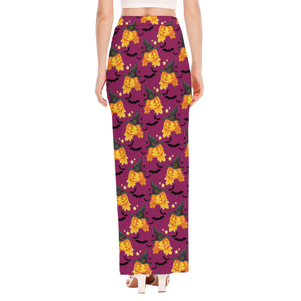 Cute Halloween Pumpkin Witch Print High Slit Maxi Skirt