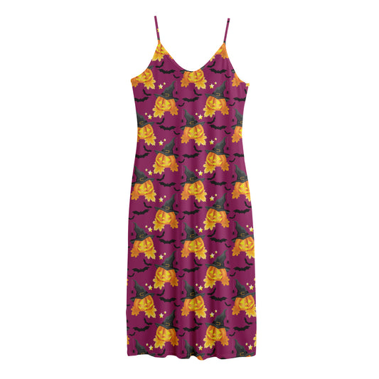 Cute Halloween Pumpkin Witch Print Jersey Midi Cami Dress