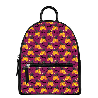 Cute Halloween Pumpkin Witch Print Leather Backpack