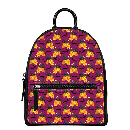 Cute Halloween Pumpkin Witch Print Leather Backpack