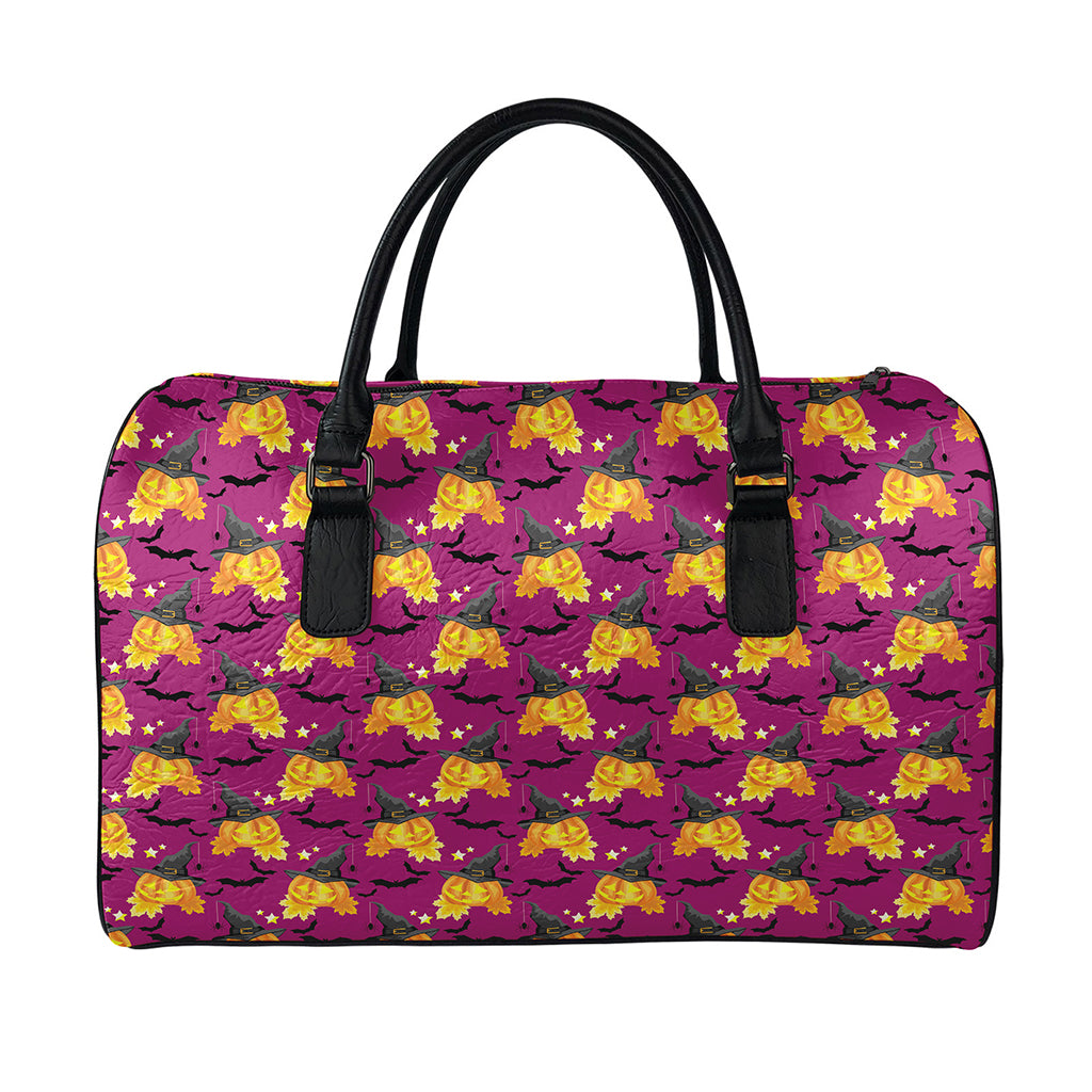 Cute Halloween Pumpkin Witch Print Leather Duffle Bag