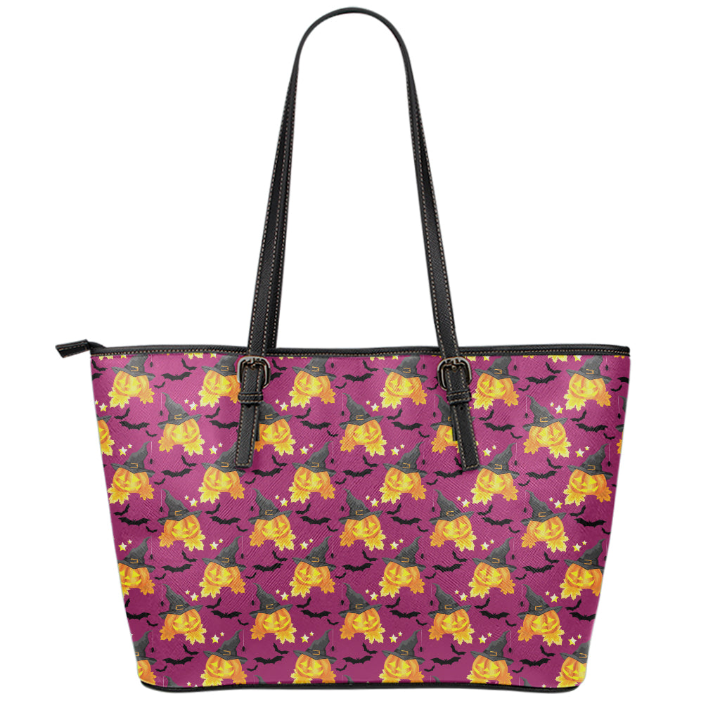 Cute Halloween Pumpkin Witch Print Leather Tote Bag