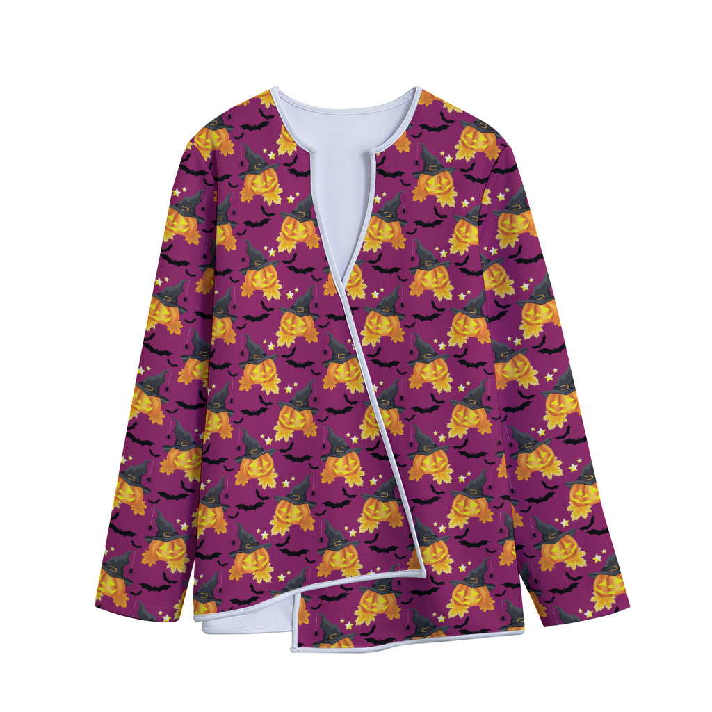 Cute Halloween Pumpkin Witch Print Long Sleeve Short Coat