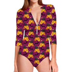 Cute Halloween Pumpkin Witch Print Long Sleeve Swimsuit