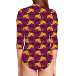 Cute Halloween Pumpkin Witch Print Long Sleeve Swimsuit