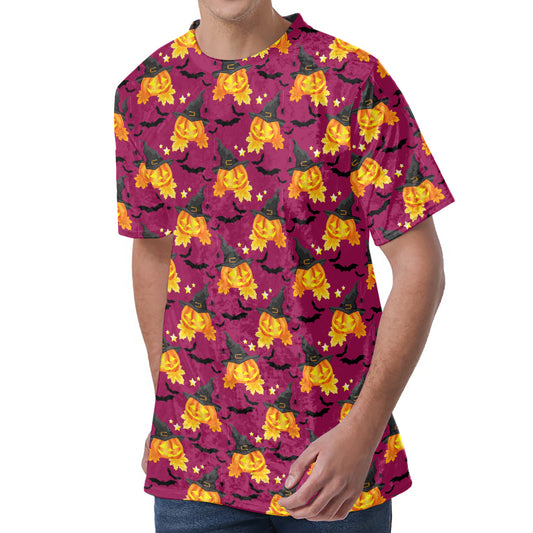 Cute Halloween Pumpkin Witch Print Men's Velvet T-Shirt