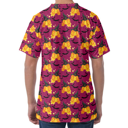 Cute Halloween Pumpkin Witch Print Men's Velvet T-Shirt