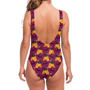 Cute Halloween Pumpkin Witch Print One Piece Swimsuit