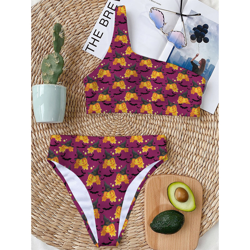 Cute Halloween Pumpkin Witch Print One Shoulder Bikini Top