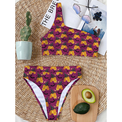 Cute Halloween Pumpkin Witch Print One Shoulder Bikini Top