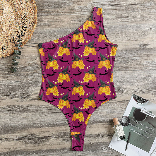 Cute Halloween Pumpkin Witch Print One Shoulder Bodysuit