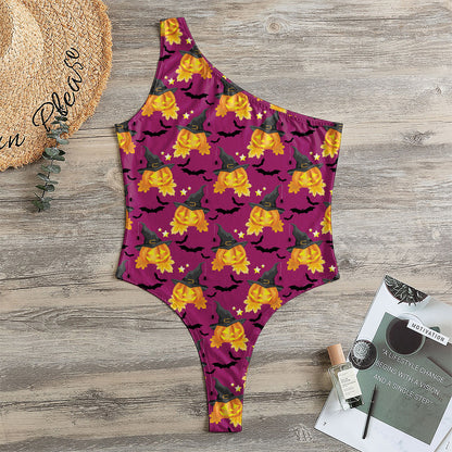Cute Halloween Pumpkin Witch Print One Shoulder Bodysuit