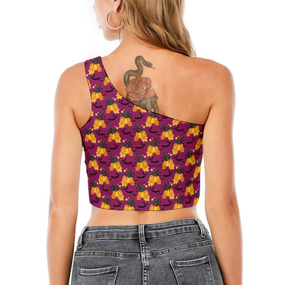 Cute Halloween Pumpkin Witch Print One Shoulder Crop Top