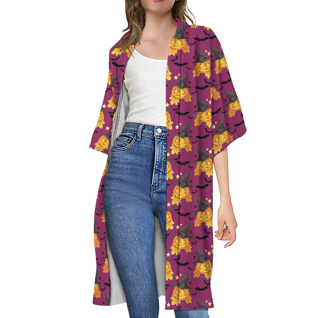 Cute Halloween Pumpkin Witch Print Open Front Beach Cover Up