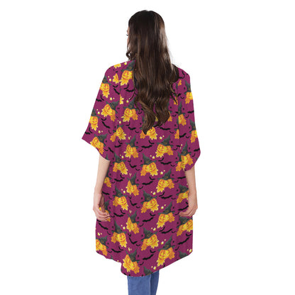 Cute Halloween Pumpkin Witch Print Open Front Beach Cover Up