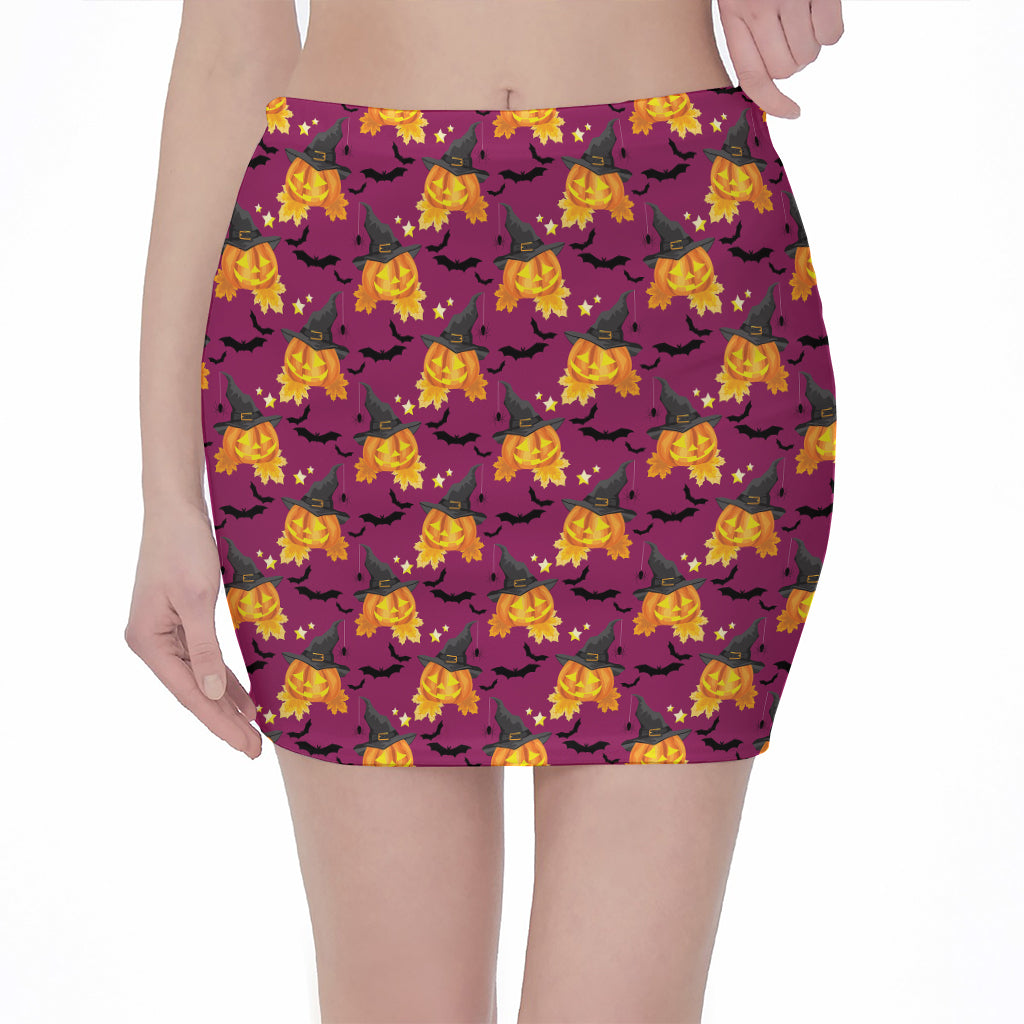 Cute Halloween Pumpkin Witch Print Pencil Mini Skirt