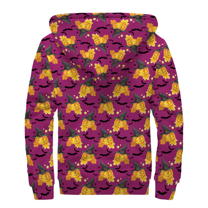 Cute Halloween Pumpkin Witch Print Sherpa Lined Zip Up Hoodie