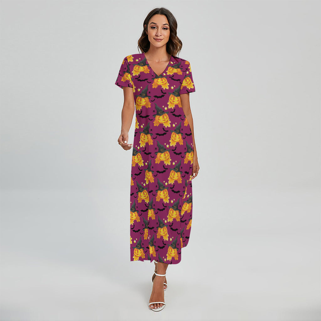 Cute Halloween Pumpkin Witch Print Short Sleeve Maxi Dress