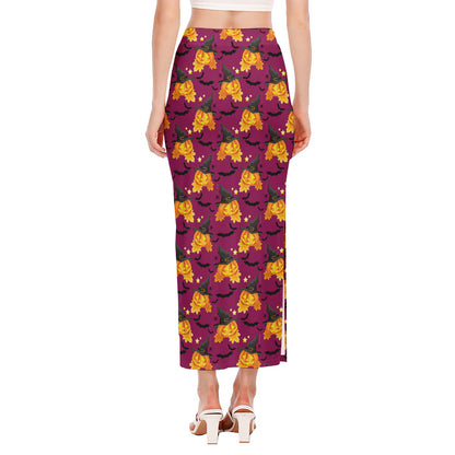 Cute Halloween Pumpkin Witch Print Side Slit Maxi Skirt