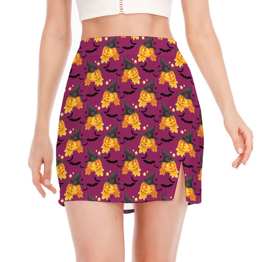 Cute Halloween Pumpkin Witch Print Side Slit Mini Skirt