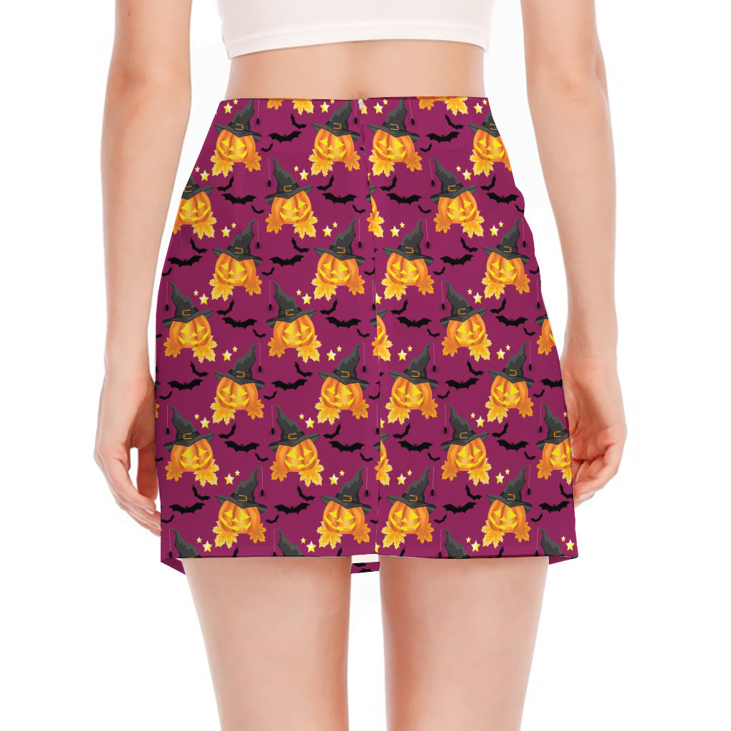 Cute Halloween Pumpkin Witch Print Side Slit Mini Skirt