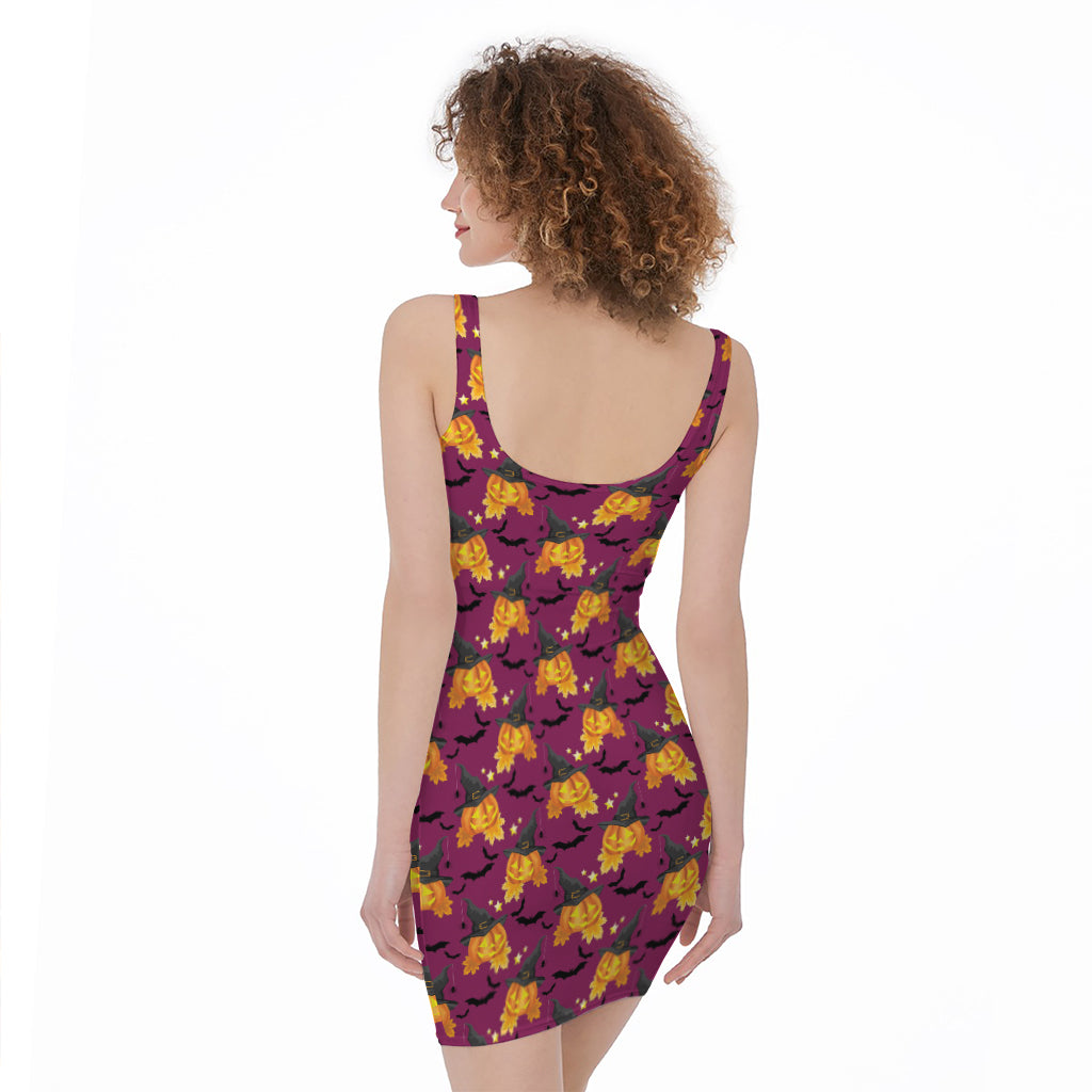 Cute Halloween Pumpkin Witch Print Sleeveless Bodycon Dress