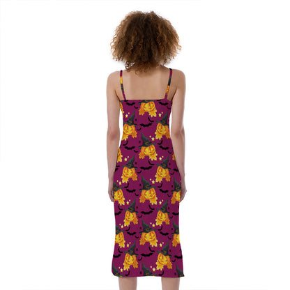 Cute Halloween Pumpkin Witch Print Slim Fit Midi Cami Dress