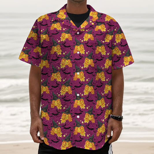 Cute Halloween Pumpkin Witch Print Textured Short Sleeve Shirt