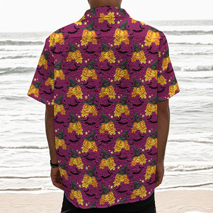 Cute Halloween Pumpkin Witch Print Textured Short Sleeve Shirt