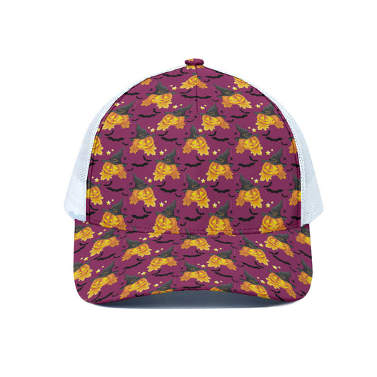 Cute Halloween Pumpkin Witch Print White Mesh Trucker Cap