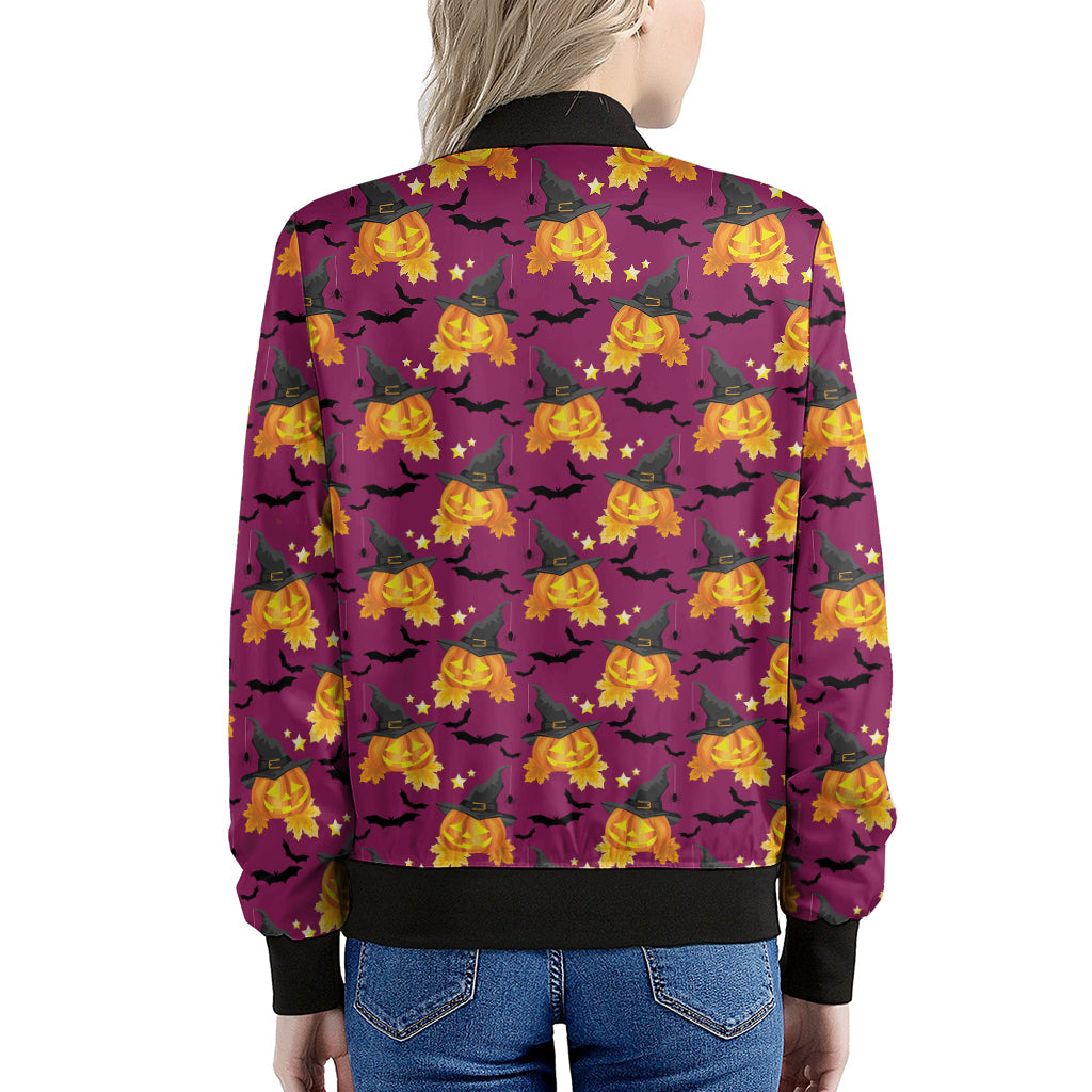 Cute Halloween Pumpkin Witch Print Women's Bomber Jacket